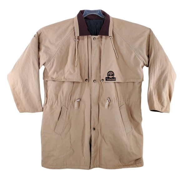 Timberland Jacket Mens XL Long Quilted Khaki Tan Full Zip Outerwear Workman - Picture 1 of 12